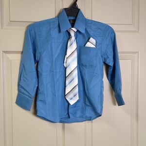 Vittorino Boys Button Front Dress Shirt Size 6 Blue Includes Tie & Handkerchief